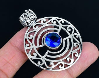 Round Filigree Blue Topaz Sterling Silver Gemstone Pendant | Geometric Cutouts Jewelry