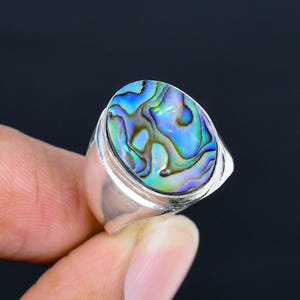 Abalone Shell Gemstone Men's Ring: 925 Sterling Silver Oval