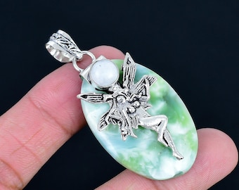 Angel Wings Larimar Gemstone 925 Sterling Silver Fairy Pendant | Oval Cabochon Statement Jewelry