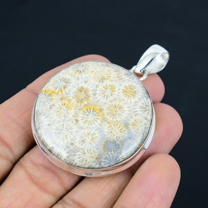 Natural Fossil Coral Gemstone Pendant, 925 Sterling Silver, Pendant Jewelry, Handmade Silver Pendant Jewelry for Gift, Easter Gift image 4