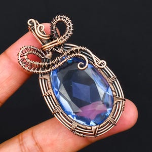 Facettierter Blautopas Kupfer Anhänger: Draht Gewickelt Oval Edelstein