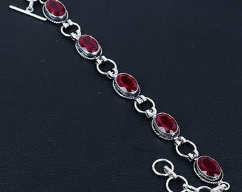 Pink Ruby Gemstone 925 Sterling Silver Bracelet Jewelry for Her/him