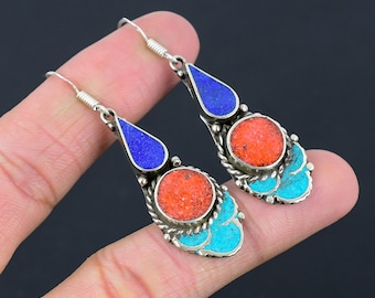 Tibetan Coral Lapis Lazuli Earrings: Gemstone Drop Dangle Jewelry