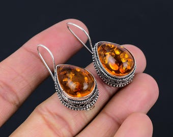 Baltic Amber 925 Sterling Silver Teardrop Hook Wire Dangle Earrings For Women & Girls
