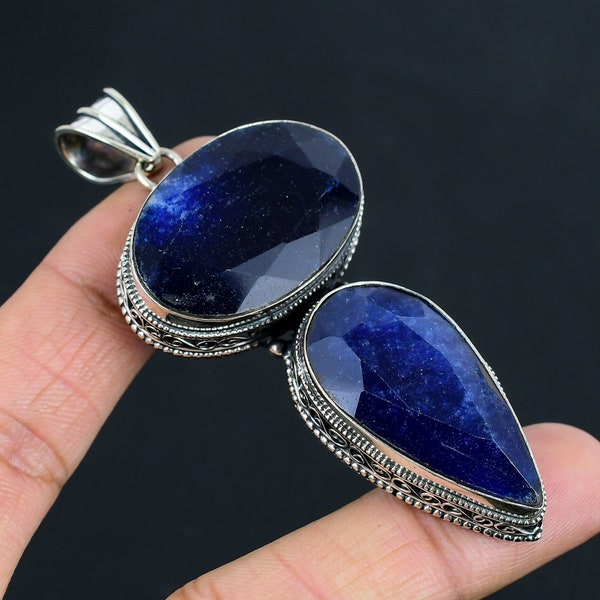 Natural Faceted Blue Sapphire Gemstone Pendant | 925 Sterling Silver | Antique Pendant | Handmade Vintage Pendant Jewelry Gift for her/him