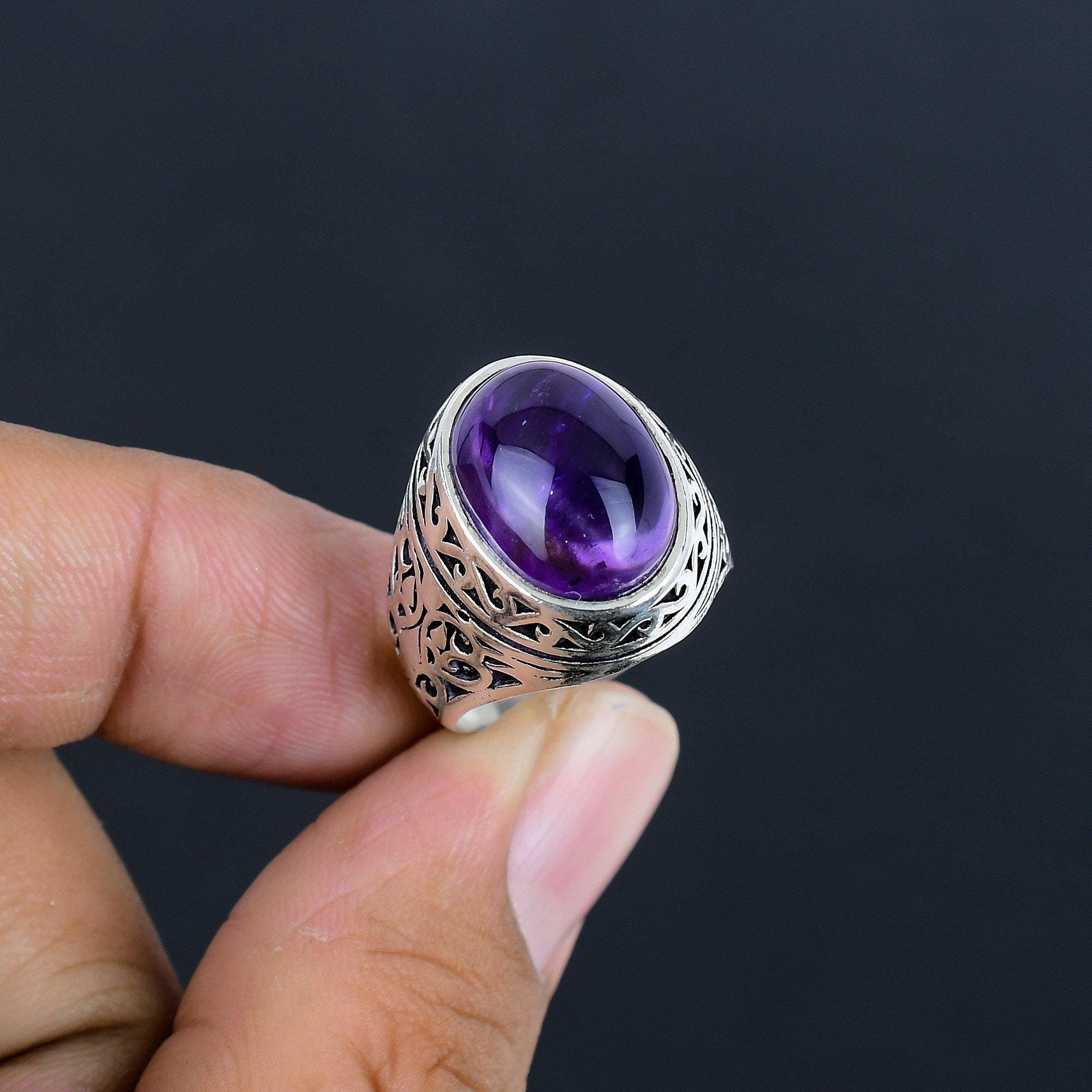 Men's 925 Sterling Silver Ring With Simulated Amethyst Stone - 10x12mm, Gift Box, Made In Turkey
