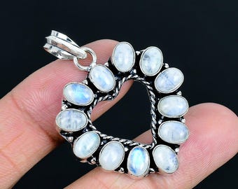 Heart-shaped Rainbow Moonstone Sterling Silver Oval Cabochon Gemstone Pendant Birthstone Jewelry