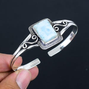 Larimar Gemstone Cuff Bangle | 925 Sterling Silver | Adjustable Bangle |  Silver Cuff Bangle Jewelry For Women & Girls