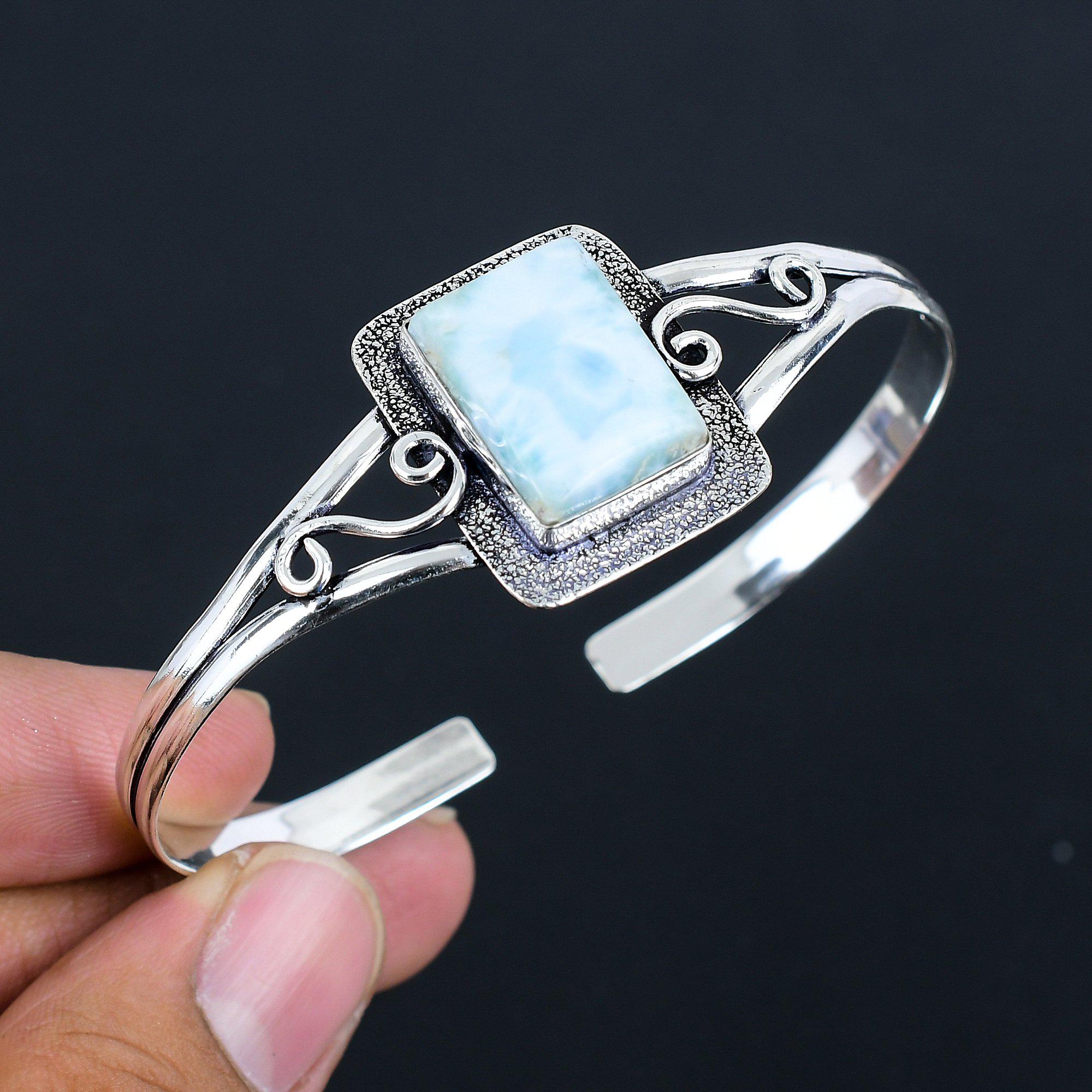 Bracelet Manchette Noël Larimar Argent 925 - Pierre Bleue Naturelle - Fait Main AC-198