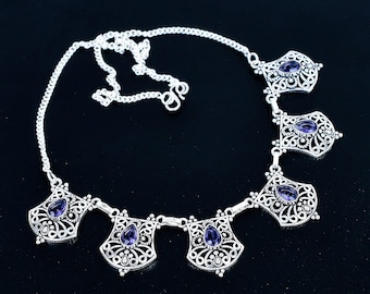Teardrop Purple Amethyst Gemstone 925 Sterling Silver Bib Necklace | Filigree Design Jewelry For Her