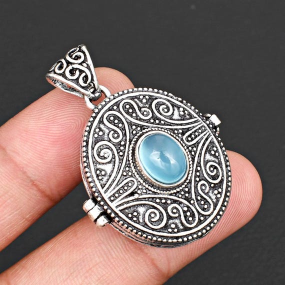 Pendentif Vintage Argent Avec Perle Et Pierre D'agate Bleue - Bijou Fantaisie Occasion