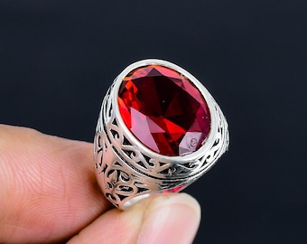 Faceted Red Garnet Gemstone Sterling Silver Ottoman Arabic Style Men's Ring