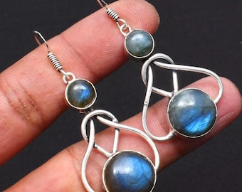 Labradorite Gemstone Silver Earrings: Celtic Knot Dangle Drop