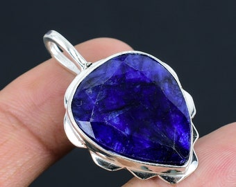 Natural Blue Sapphire Gemstone Pendant | 925 Sterling Silver | Silver Jewelry | Handmade Silver Pendant Jewelry Gift for her/him