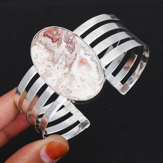 クレイジーレースアゲートジェムストーンシルバーカフバングル - 調節