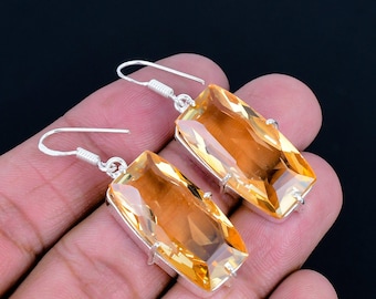 Prong-set Rectangular Faceted Citrine Gemstone 925 Sterling Silver Dangle Earrings, Statement Jewelry For Her