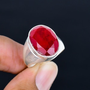Red Ruby Gemstone Ring: 925 Sterling Silver, Gold Finish