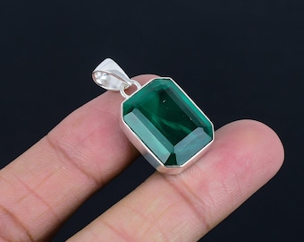 Faceted Green Emerald Gemstone Silver Pendant | 925 Sterling Silver | Square Shape Gemstone |  Silver Pendant Jewelry for her/him