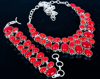 Red Coral 925 Sterling Silver Oval-Pear Gemstone Necklace & Bracelet Set Jewelry