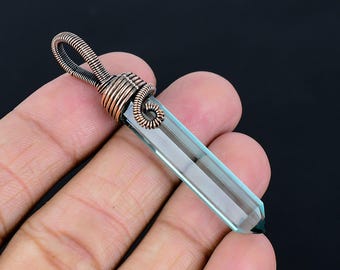 Pencil-shape Copper Wire Wrapped Hexagonal Crystal Cut Point Pendant Jewelry