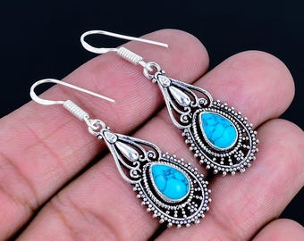Tribal Turquoise Gemstone Sterling Silver Dangle Earrings | Teardrop-shaped Cabochon Bohemian Style Jewelry For Her
