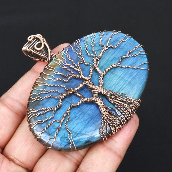 Handcrafted Labradorite Wire Wrapped Tree Of Life Pendant – Copper, 3.11"