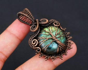 Tree of Life Labradorite Copper Wire Wrapped Gemstone Necklace Pendant For Her/him