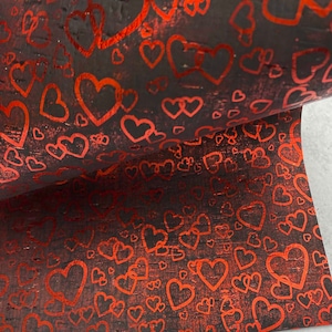 Cork Sheets  for Making Earrings - Black Cork Leather - Boho Metallic Red Hearts Cork Printed Leather - Cowhide Backed Cork Sheets