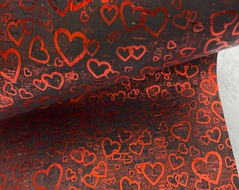 Korkblätter für die Herstellung von Ohrringen - Schwarzes Korkleder - Boho Metallic Red Hearts Kork Bedrucktes Leder - Korkblätter mit Rindslederrücken