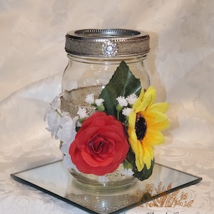 Sunflower & Red Rose Rustic Glam Mason Jar Centerpiece Weddings Bridal Shower Baby Shower Centerpieces Burlap Lace Rhinestone image 1