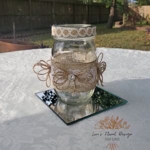 Rustic & Glam Mason Jar Centerpiece | Weddings | Bridal Shower | Baby Shower | Centerpieces | Burlap | Lace | Embellishment