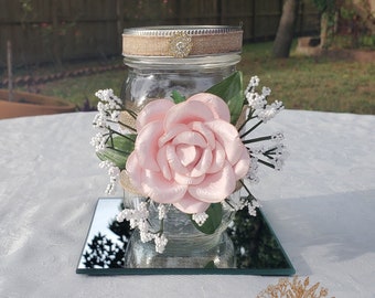 Light Pink Rustic Mason Jar Centerpiece | Weddings | Bridal Shower | Baby Shower | Centerpieces