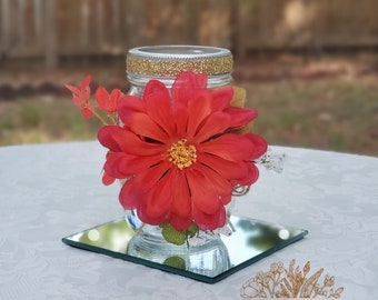 Burnt Autum Orange Mason Jar Centerpiece | Bridal Shower | Weddings | Baby Shower | Centerpieces | Gold Embellishments | Fall Decor