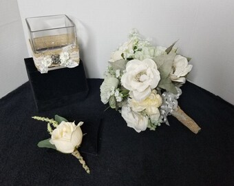 Ivory & Burlap Bridal Set | Bridal Bouquet | Grooms Corsage | Maid of Honor | Groomsmen | Rustic | Glam