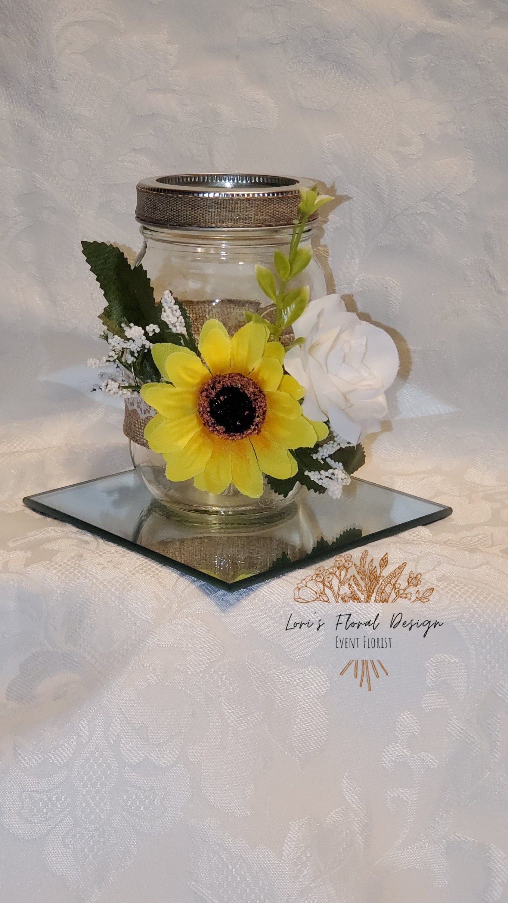 Sunflower White Rose Rustic Glam Mason Jar Centerpiece Weddings Bridal Shower Baby Shower Centerpieces Burlap Lace