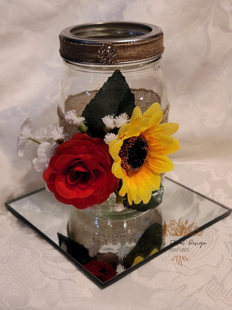 Sunflower & Red Rose Rustic Glam Mason Jar Centerpiece Weddings Bridal Shower Baby Shower Centerpieces Burlap Lace Rhinestone image 2