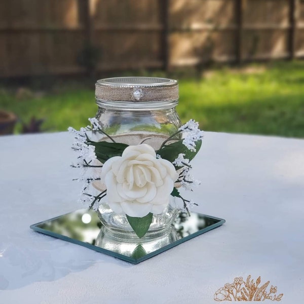 White Rustic Mason Jar Centerpiece | Weddings | Bridal Shower | Baby Shower | Centerpieces
