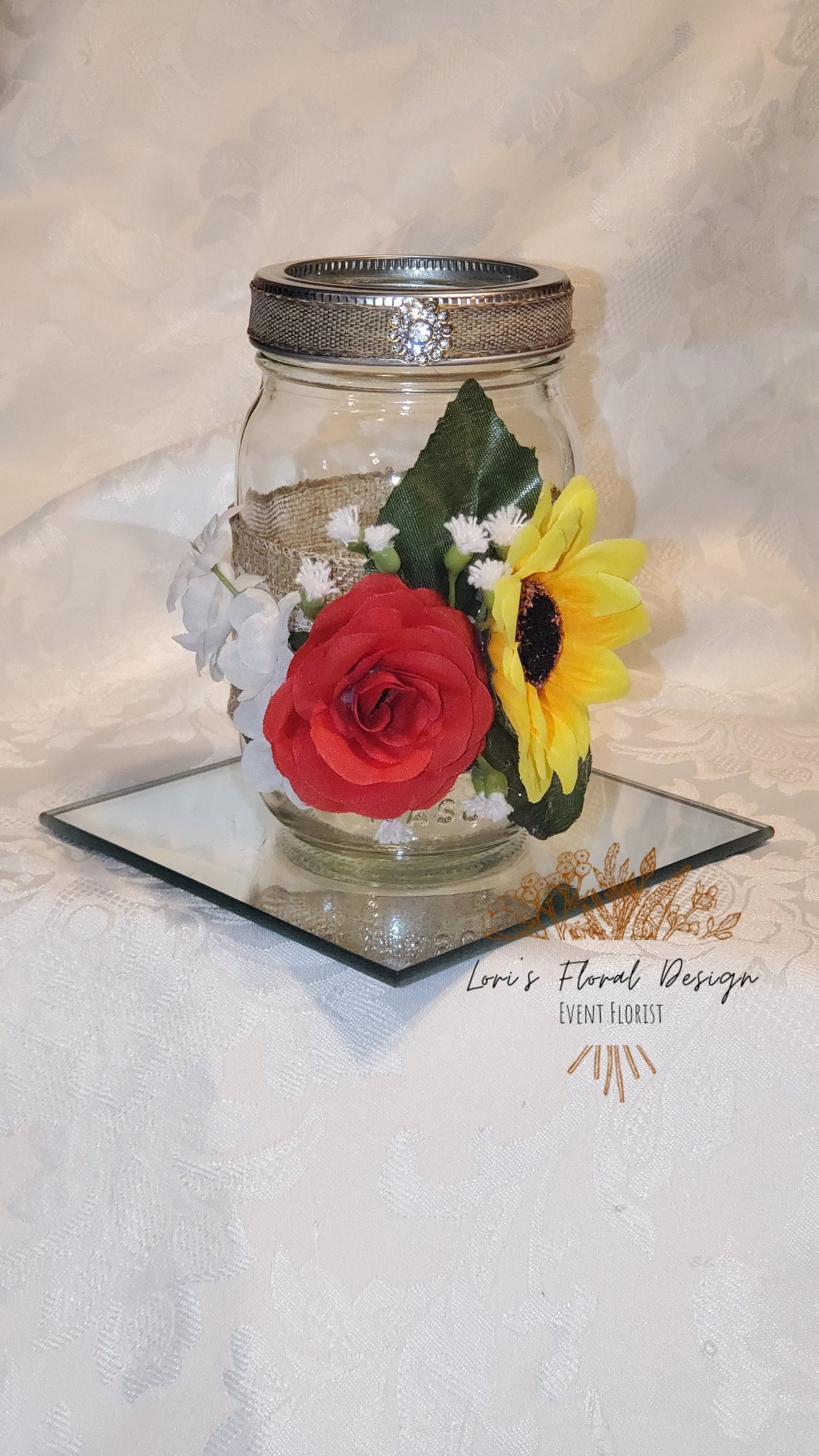 Sunflower Red Rose Rustic Glam Mason Jar Centerpiece Weddings Bridal Shower Baby Shower Centerpieces Burlap Lace Rhinestone