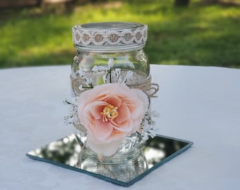 Peach Rustic Mason Jar Centerpiece | Weddings | Bridal Shower | Baby Shower | Centerpieces | Burlap | Lace