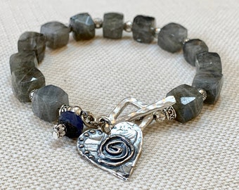 Labradorite Beaded Bracelet, Hill Tribe Silver Toggle Clasp, Artisan Sterling Heart Charm Accent Beads, Iolite Dangle Bead, Throat 3rd Eye