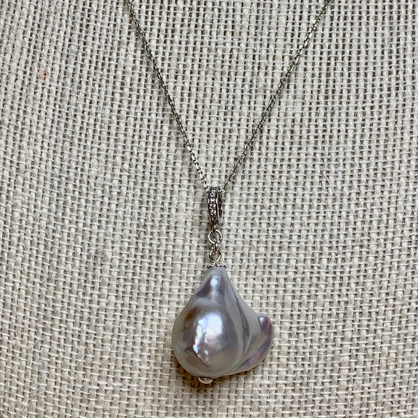 Jumbo Gray Baroque Pearl CZ Pendant Sterling Silver Chain