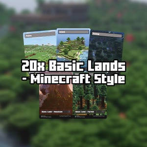 May include: A collection of Minecraft-style Basic Lands cards, featuring landscapes like Plains, Island, Swamp, Mountain, and Forest. The text "20x Basic Lands - Minecraft Style" is prominently displayed.