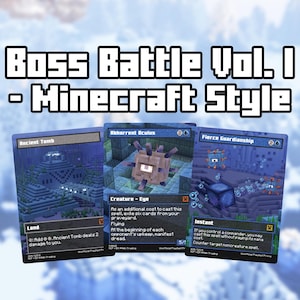 May include: Three trading cards with a Minecraft theme. The cards are titled "Ancient Tomb", "Abhorrent Oculus", and "Fierce Guardianship". The cards feature pixelated underwater scenes and creatures, with text describing game mechanics.