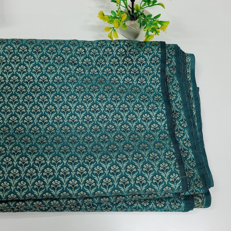 Green Silk Brocade Fabric, Floral Paisley Jacquard, Banarasi Material Green