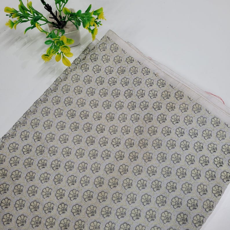 Green Silk Brocade Fabric, Floral Paisley Jacquard, Banarasi Material Gray