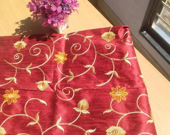 Maroon Raw Silk Dupion Fabric with Golden Floral Embroidery – 44” Wide – Sold by the Yard