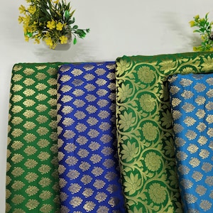 Silk Brocade Fabric: Green Gold Floral Jacquard, Dressmaking, Upholstery, Sold By The Yard