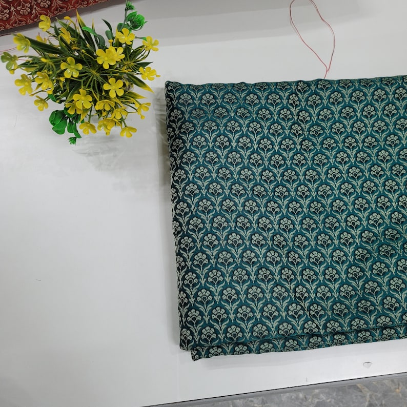 Green Silk Brocade Fabric, Floral Paisley Jacquard, Banarasi Material image 3