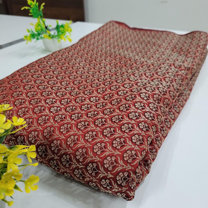 Green Silk Brocade Fabric, Floral Paisley Jacquard, Banarasi Material Red