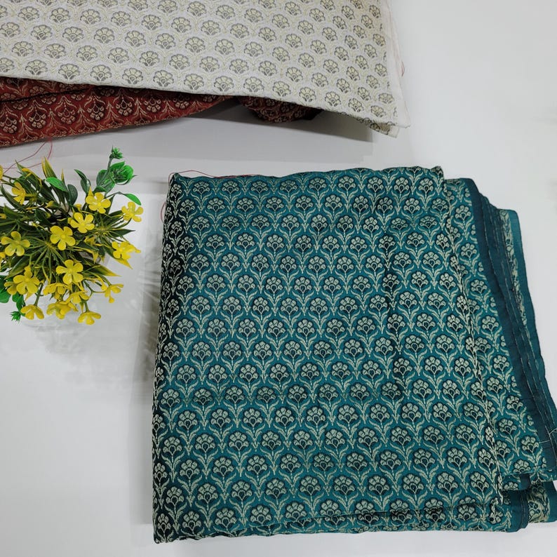 Green Silk Brocade Fabric, Floral Paisley Jacquard, Banarasi Material image 5